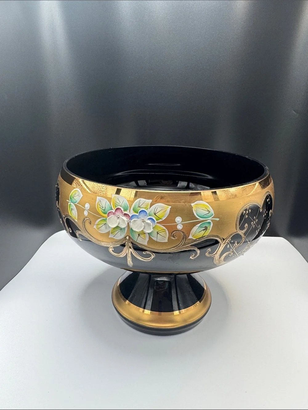 Hand-Painted Black and Gold Decorative Footed Bowl